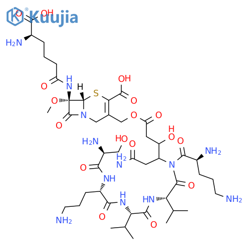 (7S)-7-[[(R)-5-Amino-5-carboxy-1-oxopentyl]amino]-7-methoxy-3-[[[6-amino-3-hydroxy-4-(L-seryl-L-ornithyl-L-valyl-L-ornithyl-L-valylamino)-1,6-dioxohexyl]oxy]methyl]cepham-3-ene-4-carboxylic acid structure