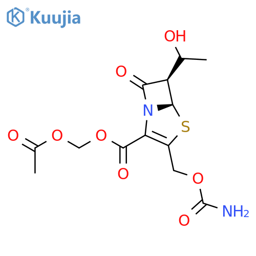 acetyloxymethyl (5R,6R)-3-(carbamoyloxymethyl)-6-(1-hydroxyethyl)-7-oxo-4-thia-1-azabicyclo[3.2.0]hept-2-ene-2-carboxylate structure