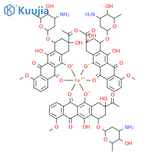 iron(3+) tris{3-acetyl-1-[(3-amino-2,3,6-trideoxyhexopyranosyl)oxy]-3,12-dihydroxy-10-methoxy-6,11-dioxo-1,2,3,4,6,11-hexahydrotetracen-5-olate} structure